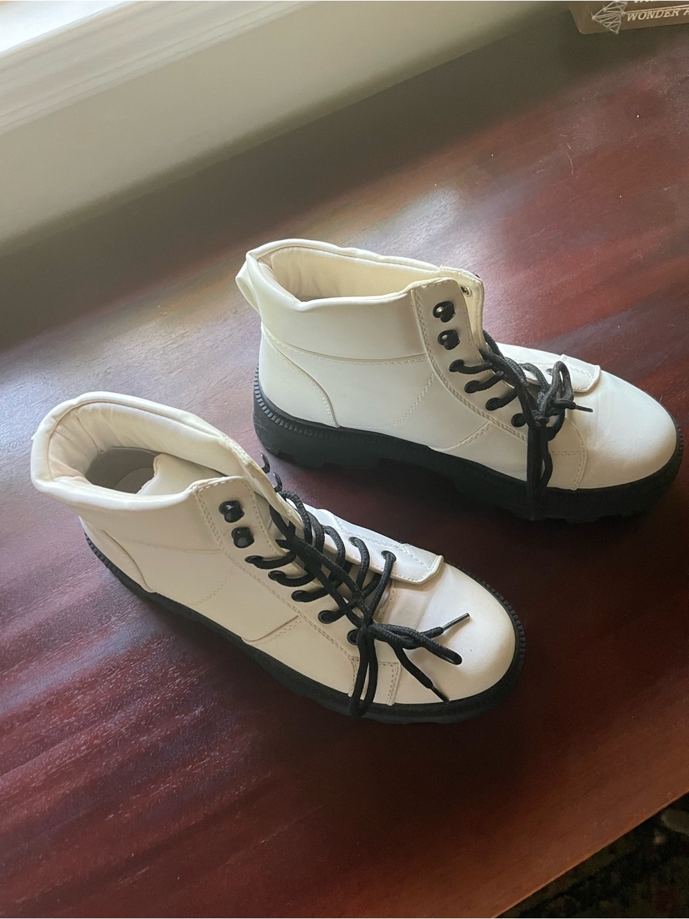 Forever 21 White Lace-Up High-Top Boots with Black Soles